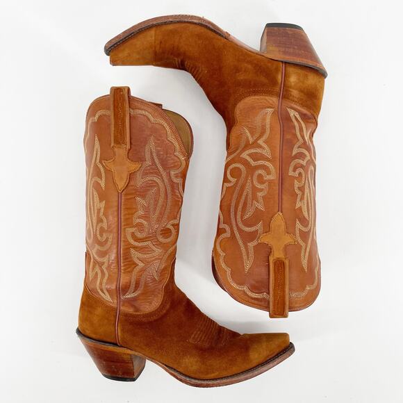 Lucchese Classics Cognac Camel Suede Stitch Detail Western Cowgirl Boot size 7.5 - Picture 3 of 12